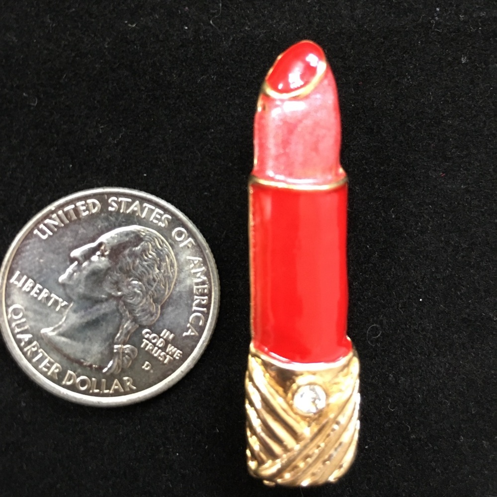 Vintage  Red Lipstick in Gold Case Brooch